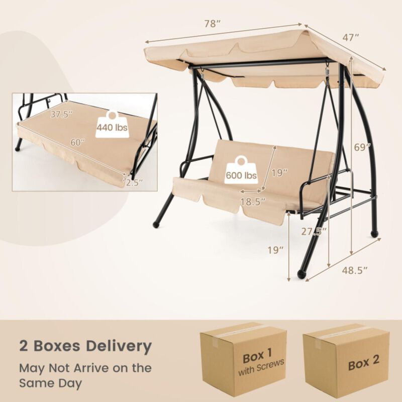 Hivvago 2-Seat Outdoor Convertible Swing Chair with Flat Bed and Adjustable Canopy-Beige