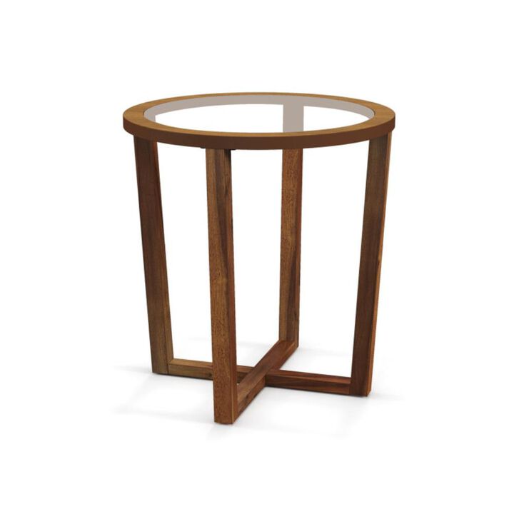 Hivvago Modern Round End Table Sofa Side Table with Transparent Tempered Glass Top-Brown