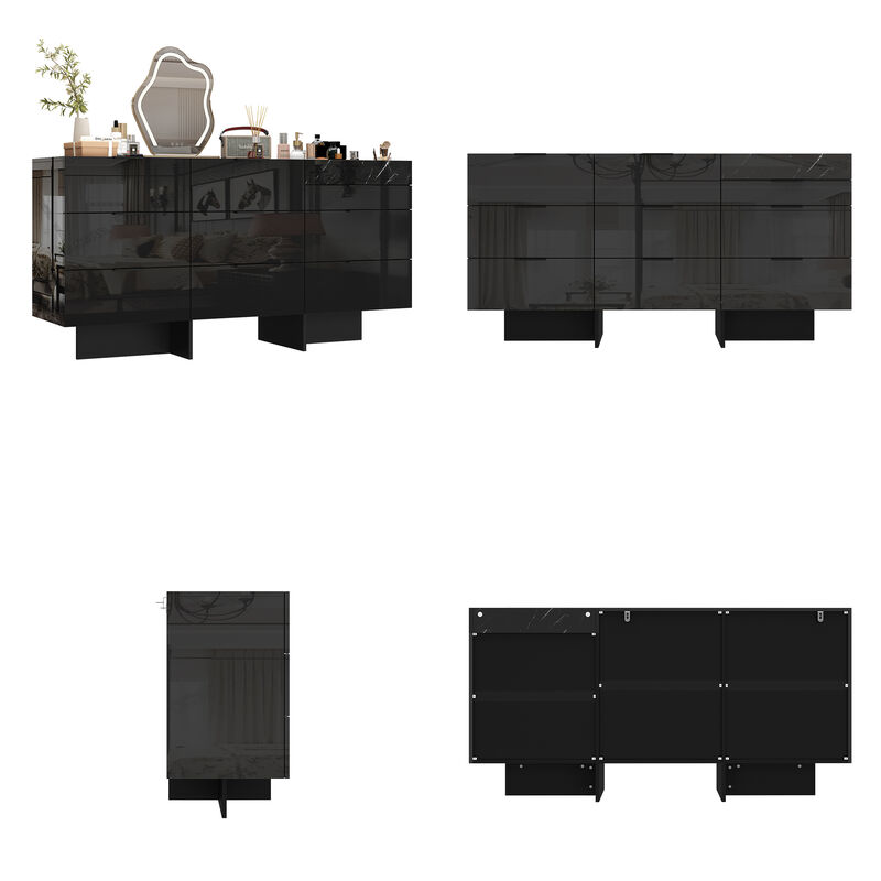 FUFU&GAGA Modern 9-Drawer Dresser with Marble-Texture Accent, High Gloss Black Finish, Spacious Storage Organizer for Bedroom & Living Room, (59" W x 30" H x 15.7" D),Black