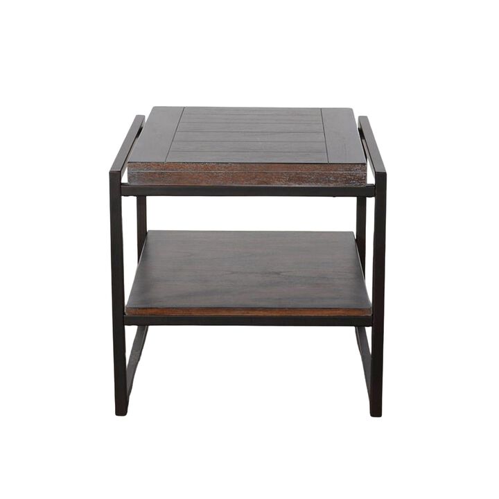 Lery End Table, Dark Brown Wood, Black Metal, Bottom Shelf, 24 Inch - Benzara