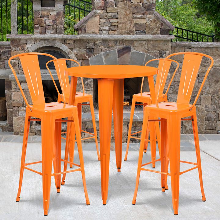 Flash Furniture Callum Commercial Grade 30" Round Orange Metal Indoor-Outdoor Bar Table Set with 4 Cafe Stools