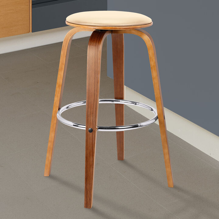 Harbor Bar Height Backless Swivel Brown Faux Leather and Walnut Wood Mid-Century Modern Bar Stool