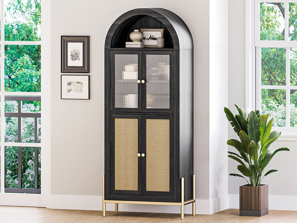 BELLEZE Modern Arched Kitchen Pantry, 5-Tier Wood Decorative Storage Cabinet with Reeded Glass Door and Adjustable Shelves, Freestanding Accent Display Cabinet for Home Living Room, Black