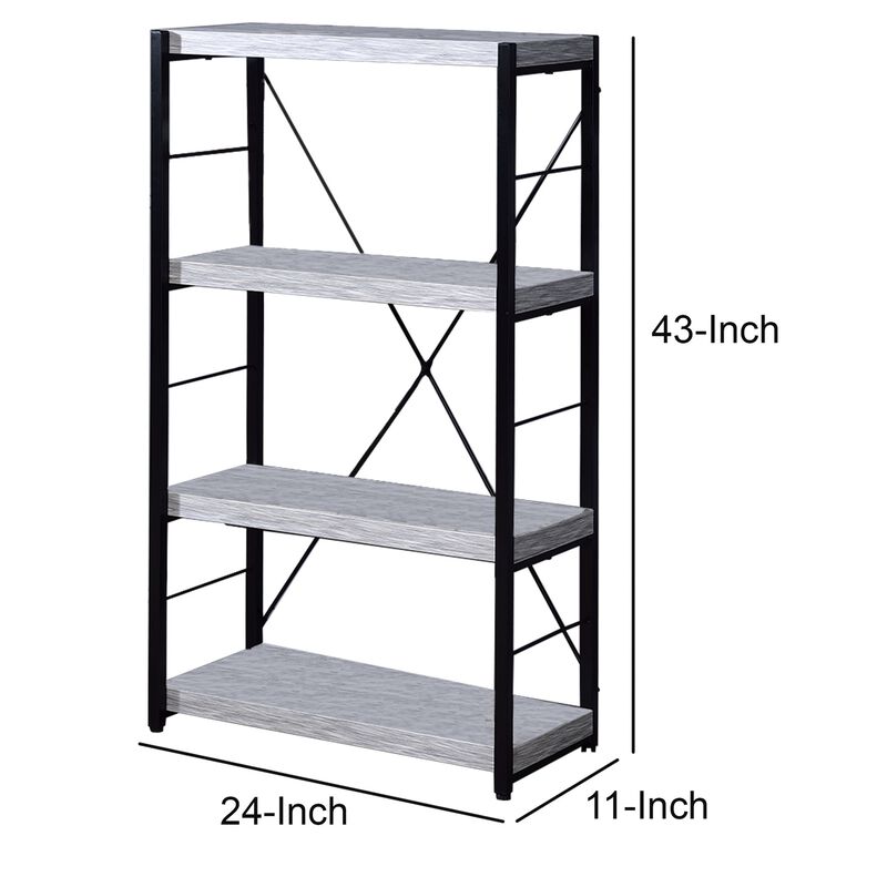 Industrial Bookshelf with 4 Shelves and Open Metal Frame, White and Black-Benzara