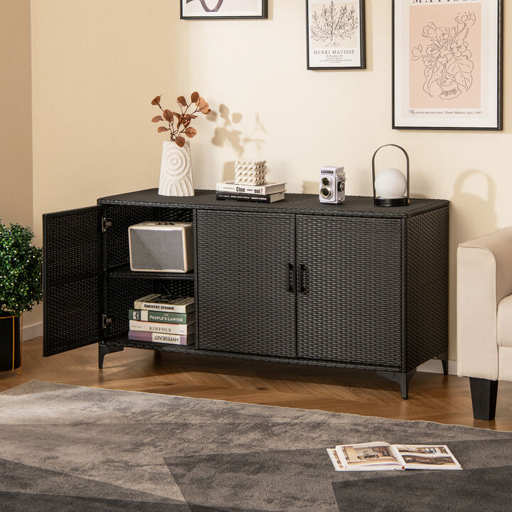 84 Gallon Patio Wicker Deck Box 3-Door PE Rattan Storage Container with Removable Shelves-Brown