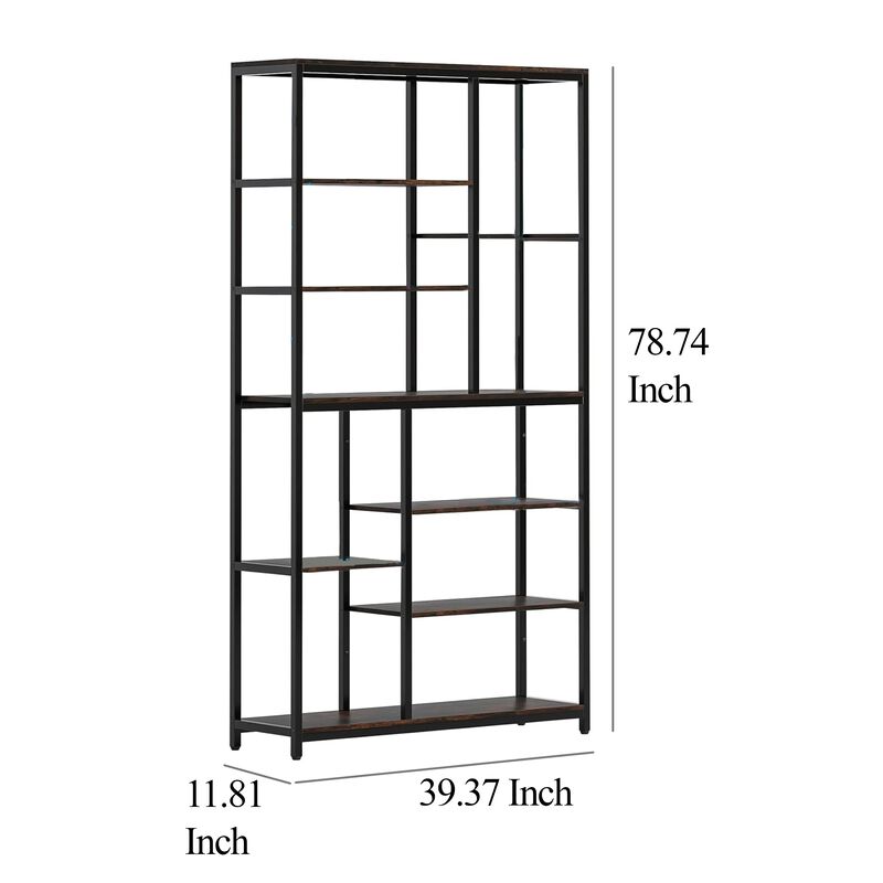 Tall Accent Bookshelf, 9 Tier Brown Shelves, Black Metal 78 Inch - Benzara