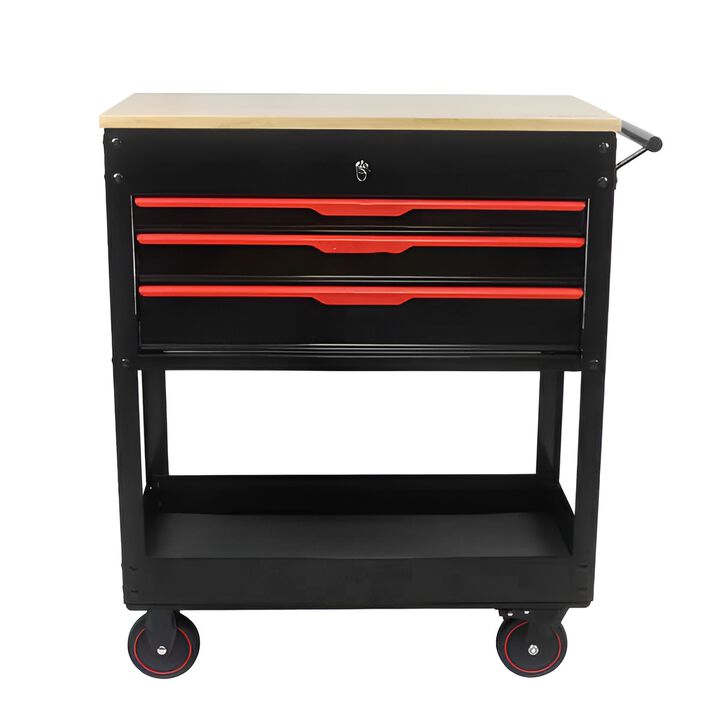 3-Drawer Rolling Tool Cart with Wooden Top for Garage or Workshop Storage