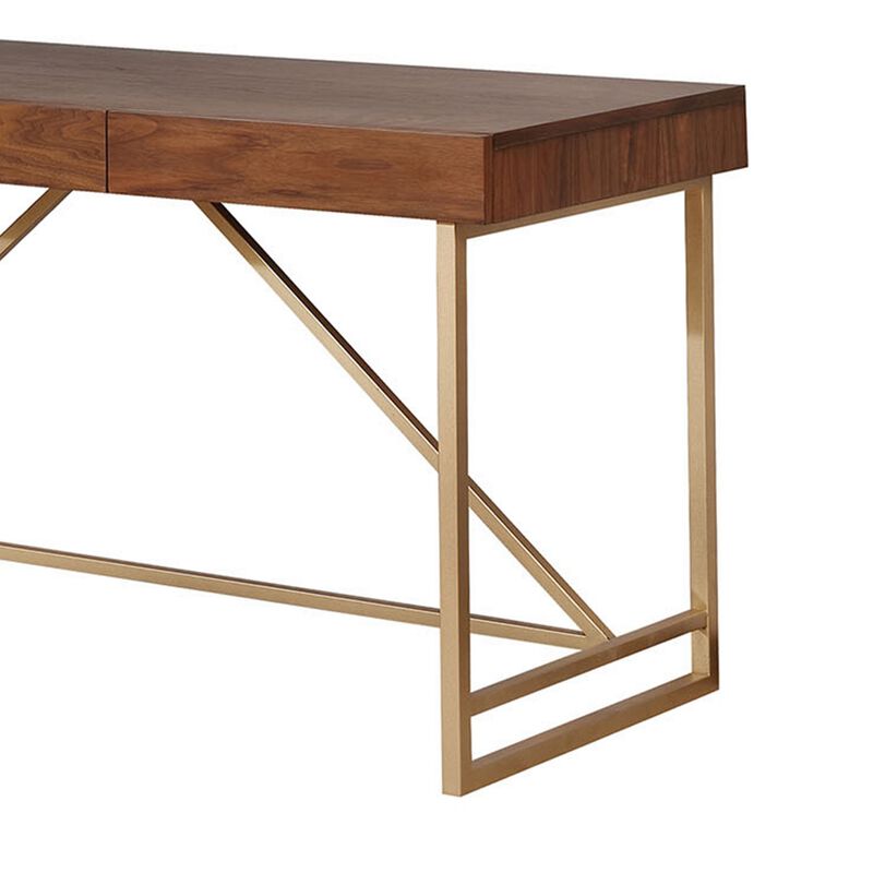 Modern Style Wooden Writing Desk with Unique Metal Legs, Walnut Brown and Gold-Benzara