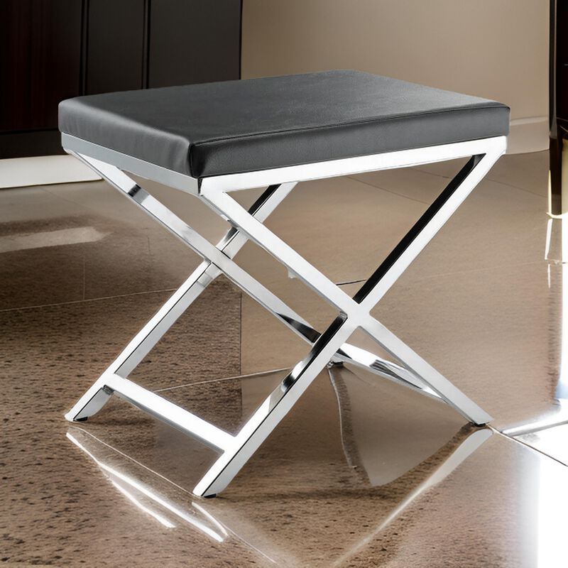 Myra 21 Inch Accent Stool, Gray Faux Leather Seat, Chrome Crossed Legs - Benzara