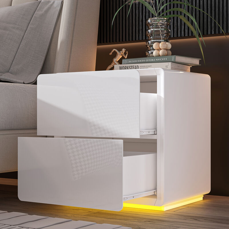 FUFU&GAGA LED Nightstand with 2 Drawers and USB Charging Port, High Gloss MDF Construction, Modern Design (19.6" W x 20" H x 15.7" D),White