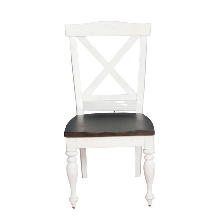 Orso Dining Side Chair Set of 2, Crossback, Brown Wood Seat, White - Benzara