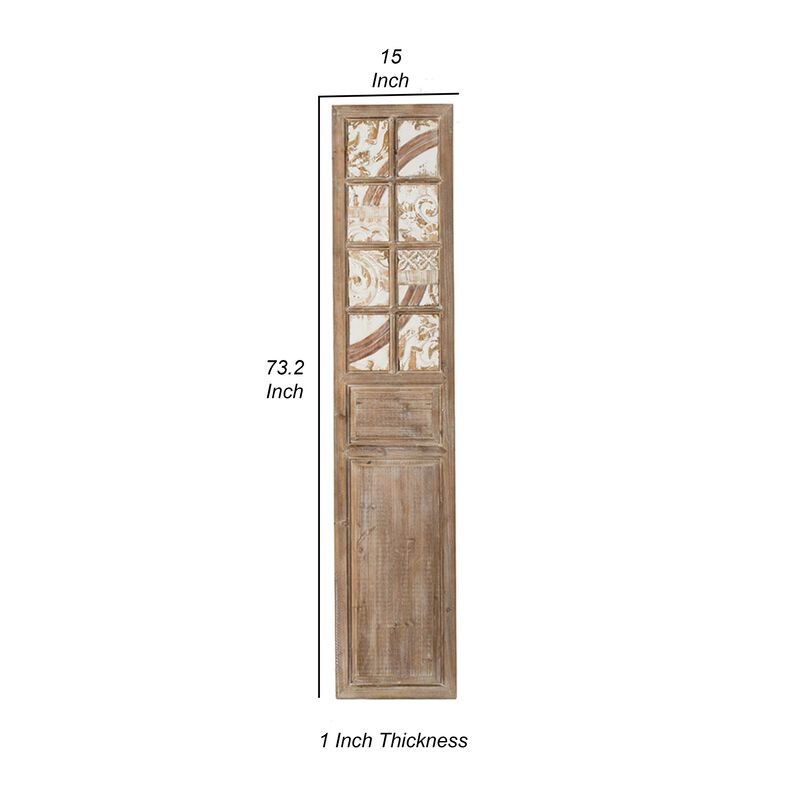 Hry 73 Inch Decorative Wood Panel, Tile Accents with Floral Leaf, Brown  - Benzara