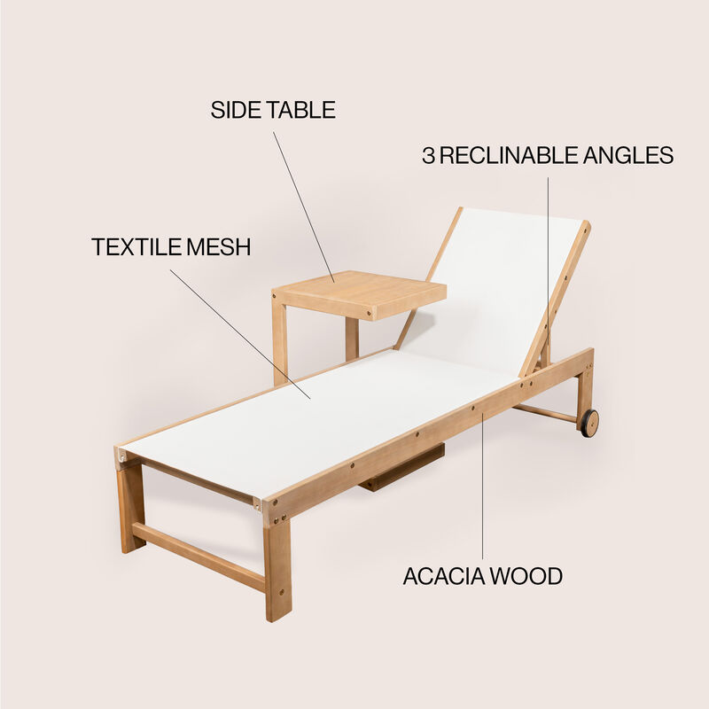 Trabuco Coastal Modern Acacia Wood Mesh 3-Position Outdoor Chaise Lounge Set with Side Table