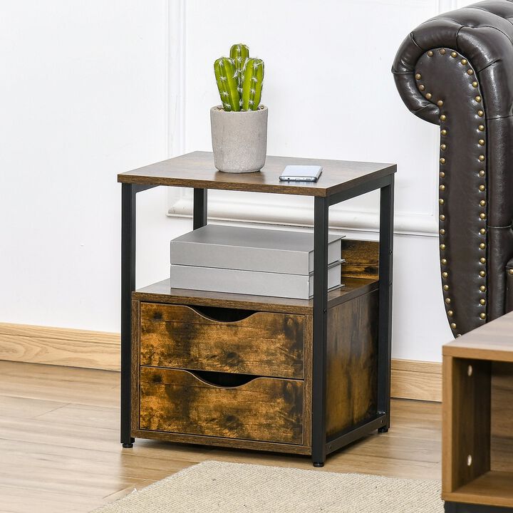 Brown Bedroom Storage: Industrial Side Table with 2 Drawers