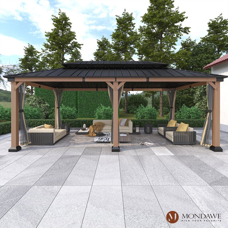 Mondawe Beverly Hills 12 ft. x 20 ft. Outdoor Fir Solid Wood Frame Patio Gazebo Canopy Shelter Galvanized Steel Hardtop Netting