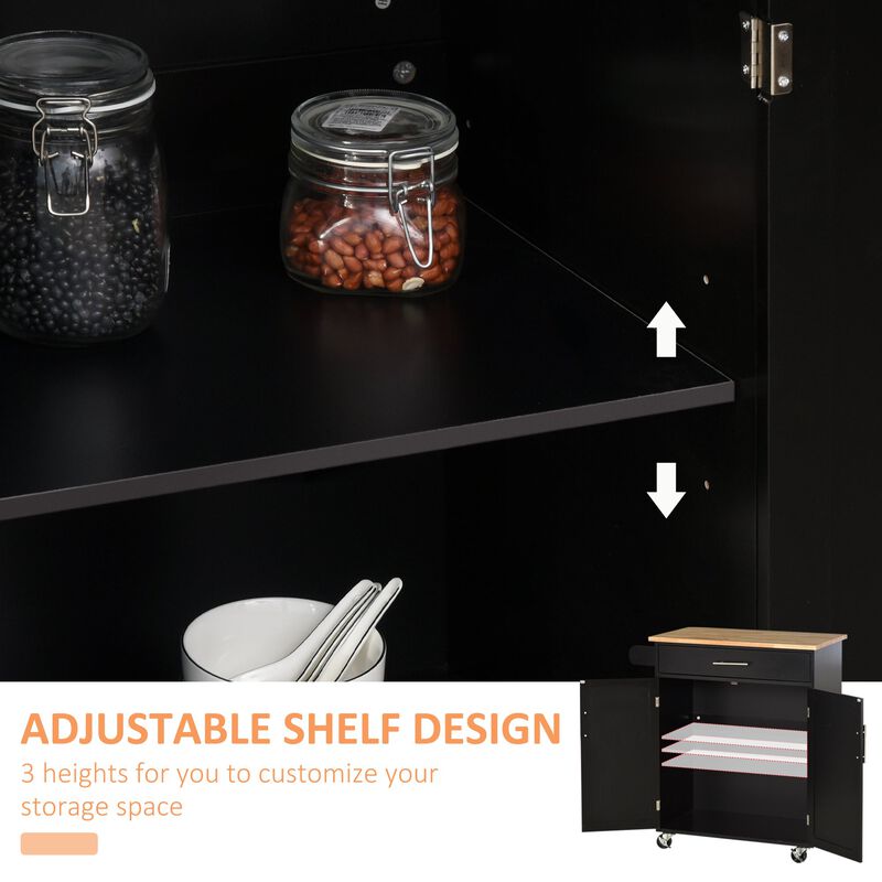 Black Kitchen Trolley: Portable Storage with Rubberwood Top