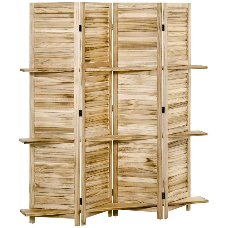 Natural Wood Separator: 4-Panel 5.5ft Room Divider with Shelves