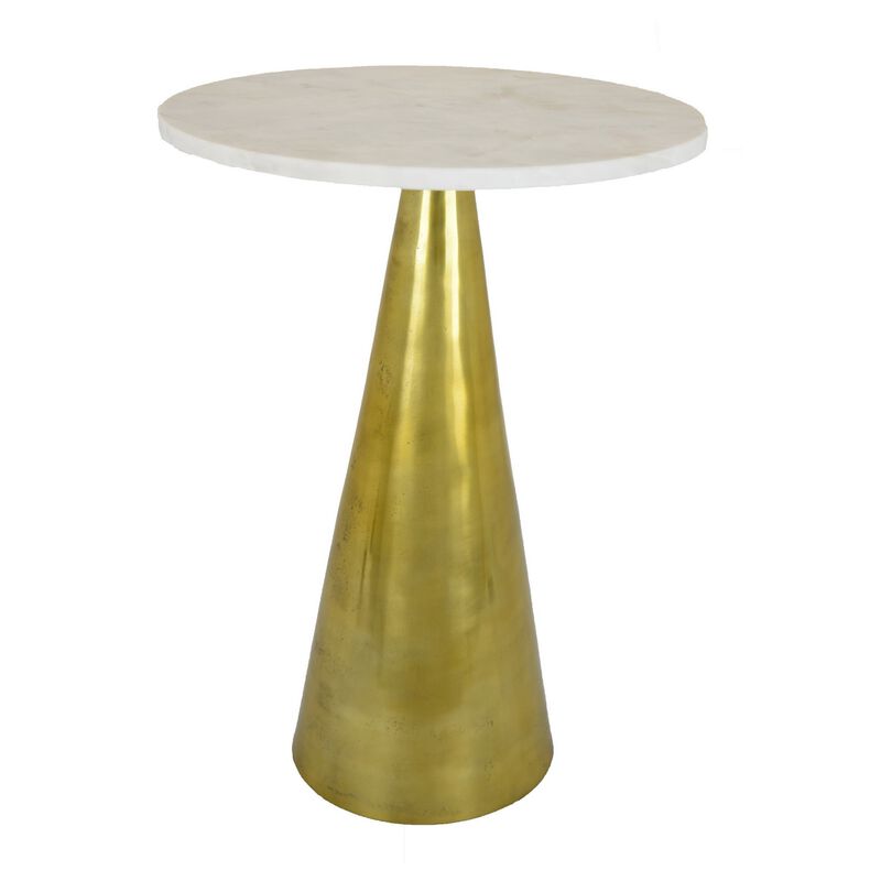 Modern Plant Stand Table, 18 Inch Round White Marble, Gold Metal Base - Benzara