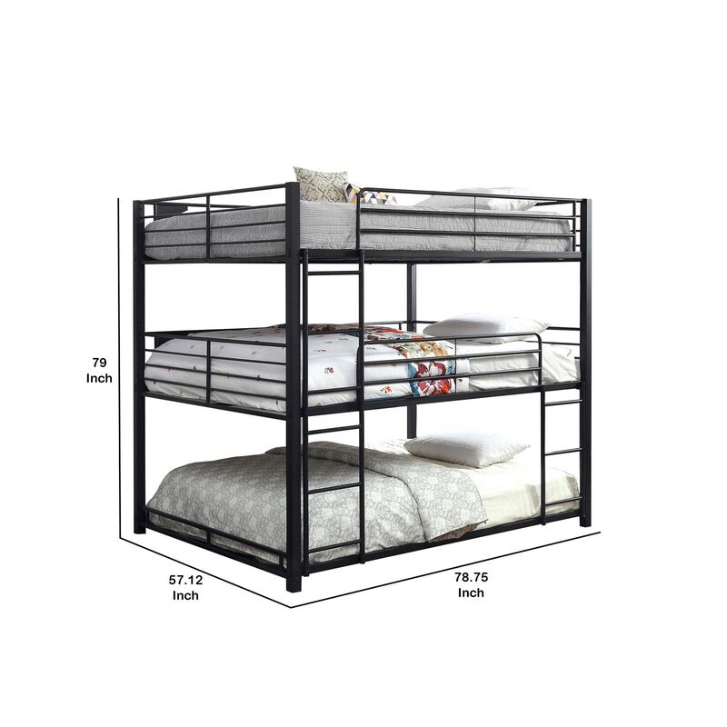 Industrial Style Queen Triple Decker Bunk Bed with Ladder, Black-Benzara