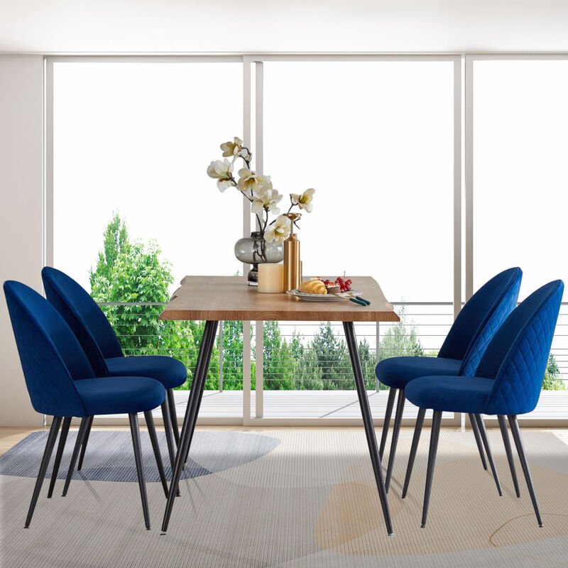 Dining Chair, Navy Blue Velvet, Metal Black Legs, Set Of 4 Side Chairs