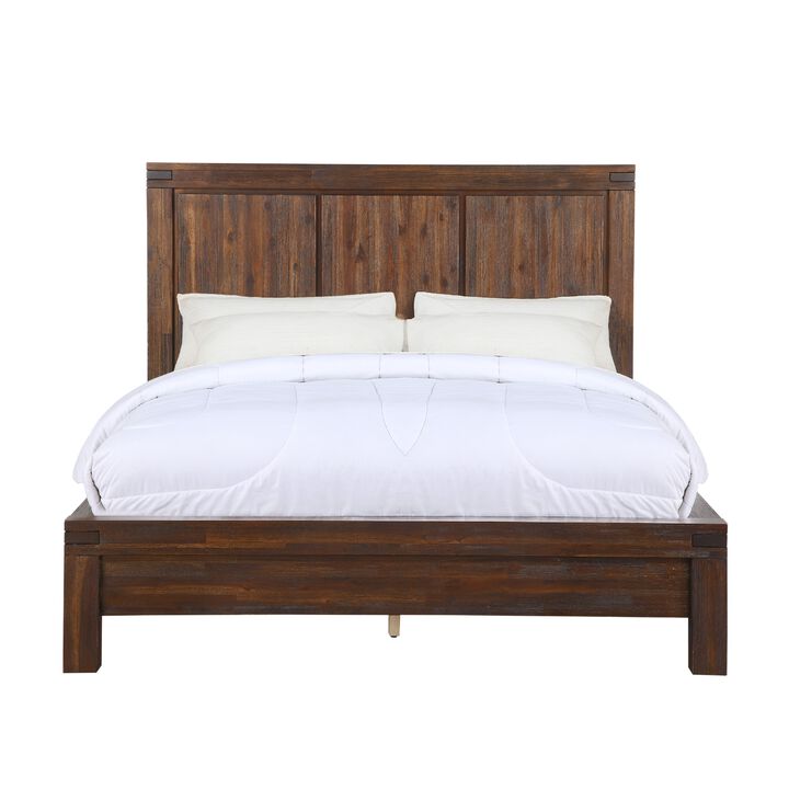 Pim Solid Acacia Wood Platform Queen Bed, Panel Headboard, Rustic Brown - Benzara