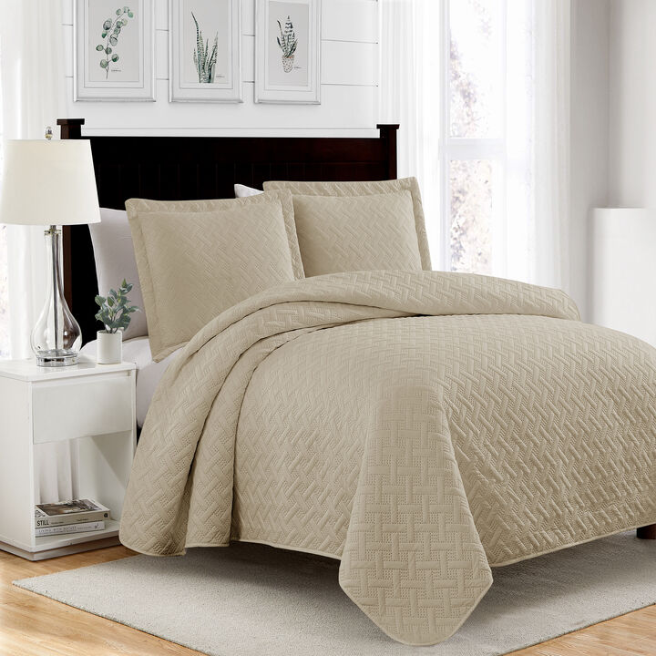 RT Designers Collection Bella 3pc Pinsonic Premium Quality All Year Round Quilt Set for Revitalize Bedroom Queen Camel