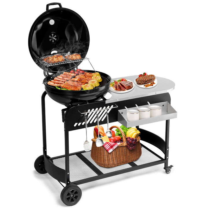 Portable Charcoal Grill with Cart, BBQ Grill with Porcelain-Enameled Lid & Ash Catcher for Outdoor, Picnic, and Camping