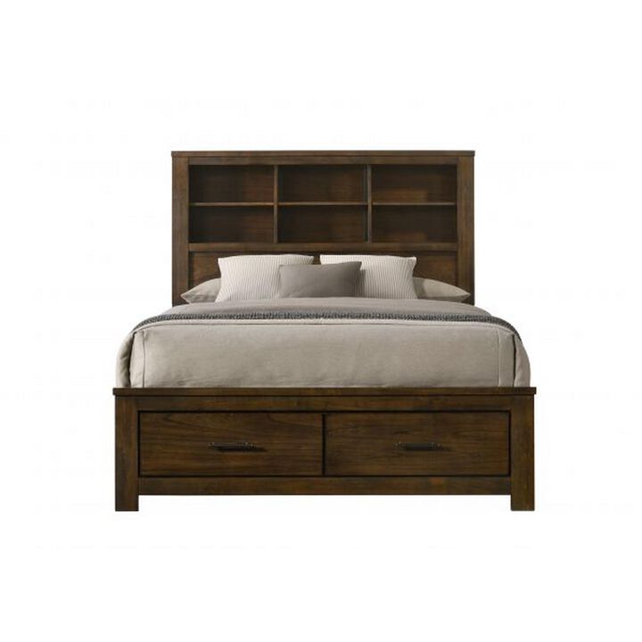 Benjara Maryl Queen Bed with Bookcase Headboard, Solid Wood, Oak Brown Finish