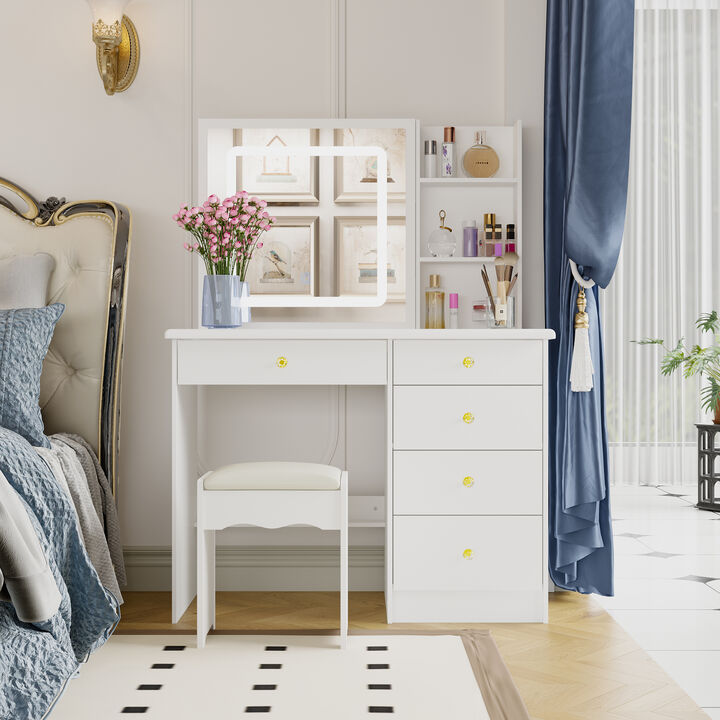 White Wood 39.4 in. W Large Glass Top Table Dresser Dressing Desk with LED Dimmable Mirror, 5-Drawers, Hidden shelves