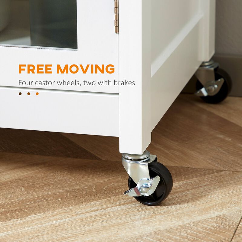 White Kitchen Trolley: Mobile Cart with Glass Door and Towel Holder