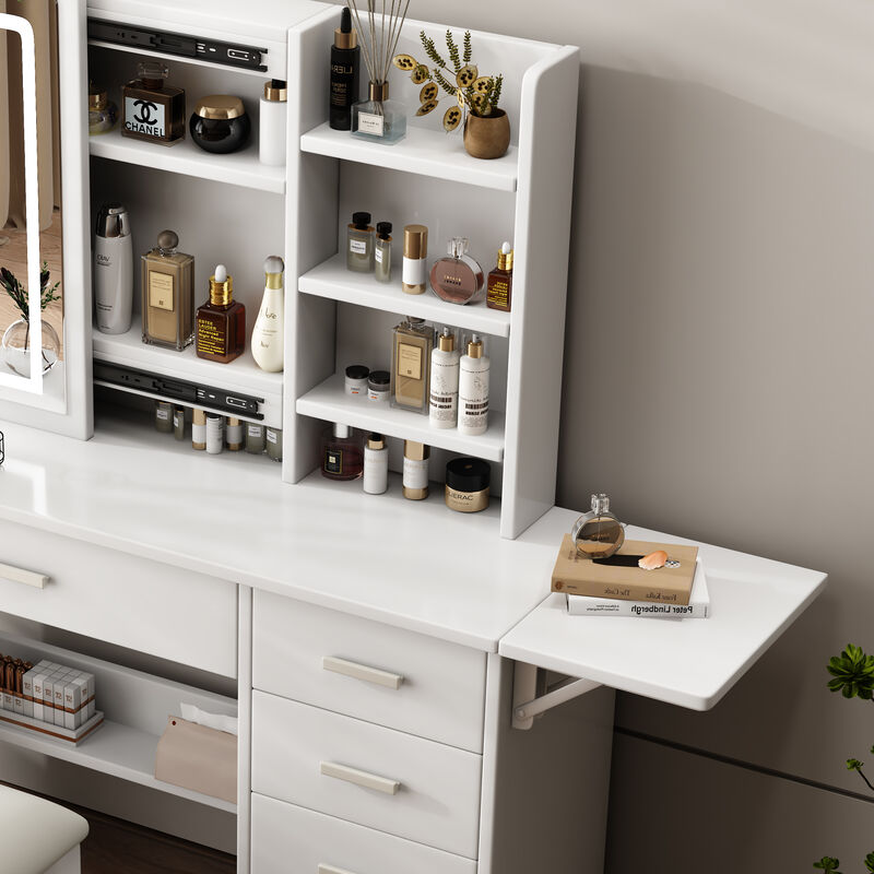 Vanity Desk with Lighted Mirror, Open Shelves & Chair, 5 Drawers, Adjustable LED Lights