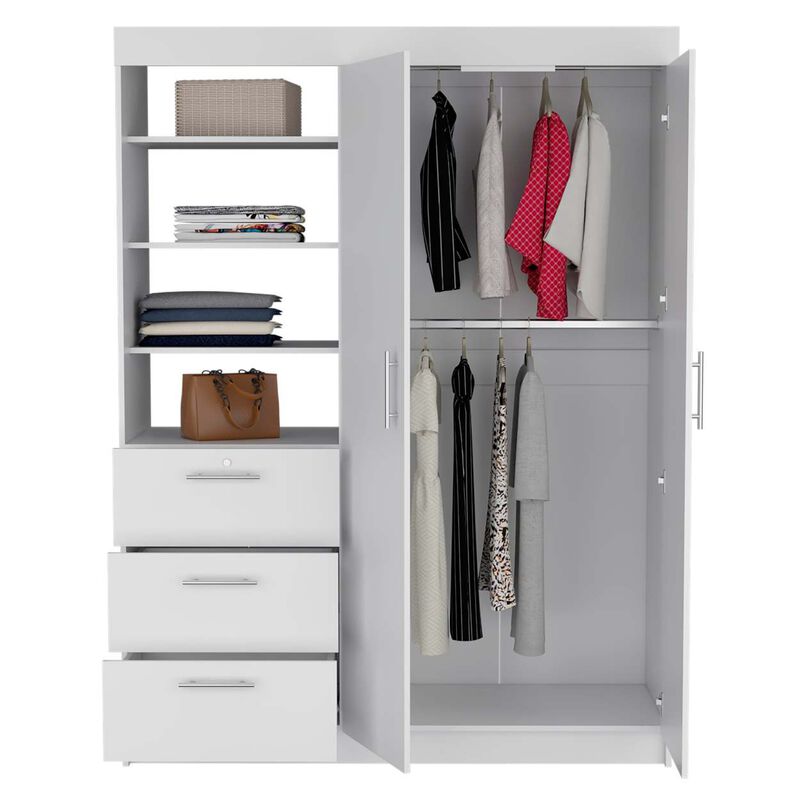 Kenya 3 Drawers Armoire, Double Door, 3-Tier Shelf