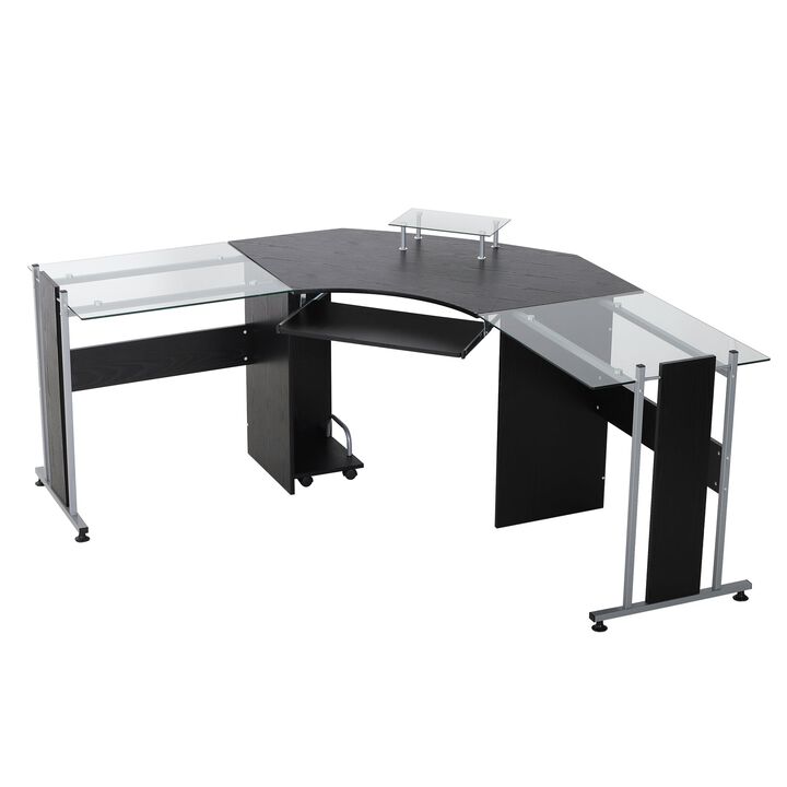 Black Glass Workstation: 69" L-Shaped Desk with Monitor Stand & Keyboard Tray