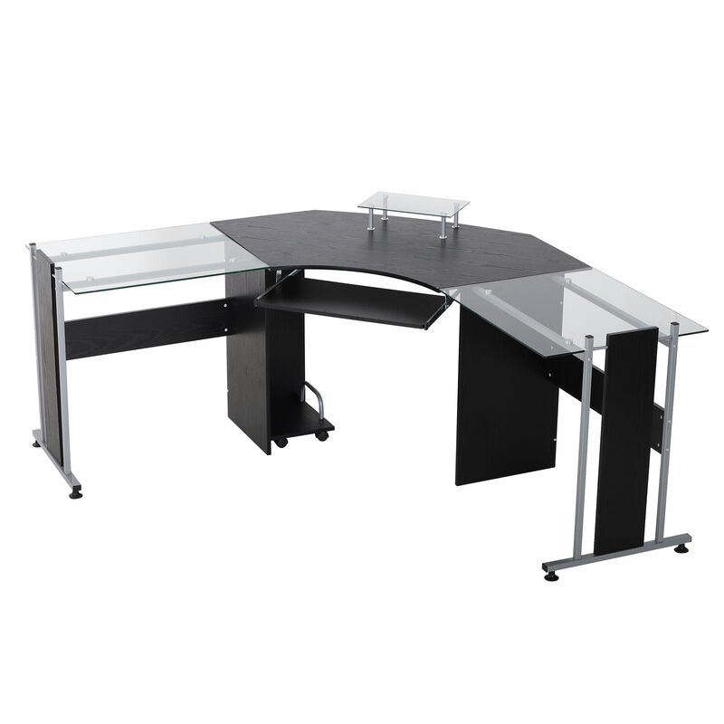 Black Glass Workstation: 69" L-Shaped Desk with Monitor Stand & Keyboard Tray