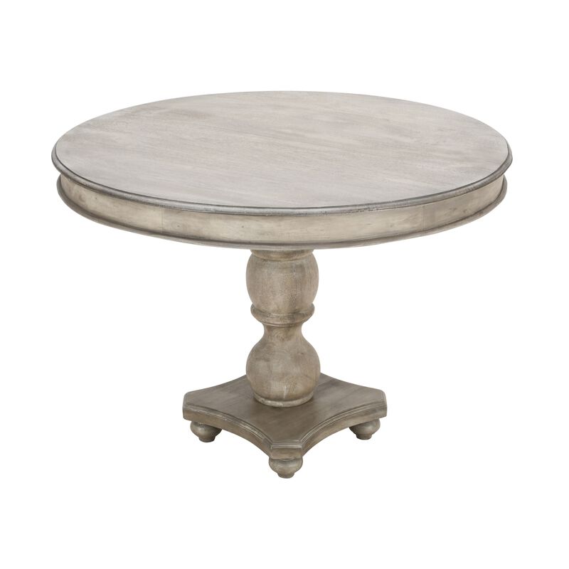 42 Inch Handcrafted Mango Wood Dining Table, Pedestal Base, Round Molded Top, Washed White, Gray-Benzara