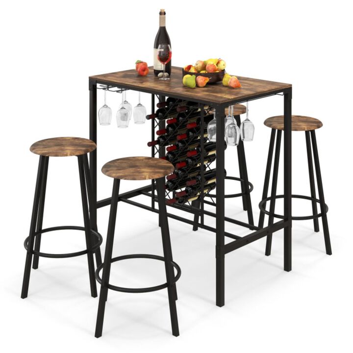 Hivvago 5 Pieces Bar Table and Stools Set with Wine Rack and Glass Holder-Rustic Brown