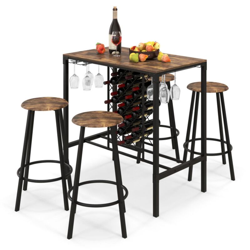 Hivvago 5 Pieces Bar Table and Stools Set with Wine Rack and Glass Holder-Rustic Brown