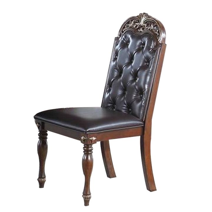 Kipp 25 Inch Set of 2 Armless Dining Chairs, Brown Wood, Black Faux Leather-Benzara