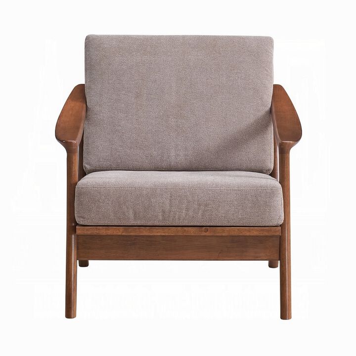 Liama Accent Chair, Light Brown Fabric, Soft Cushioning, Brown Wood - Benzara
