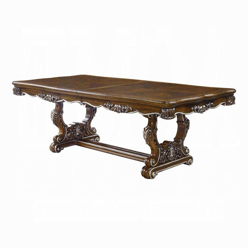 Maver Dining Table, Carved Silver Trim 90-114 Inch Classic Antique Oak - Benzara