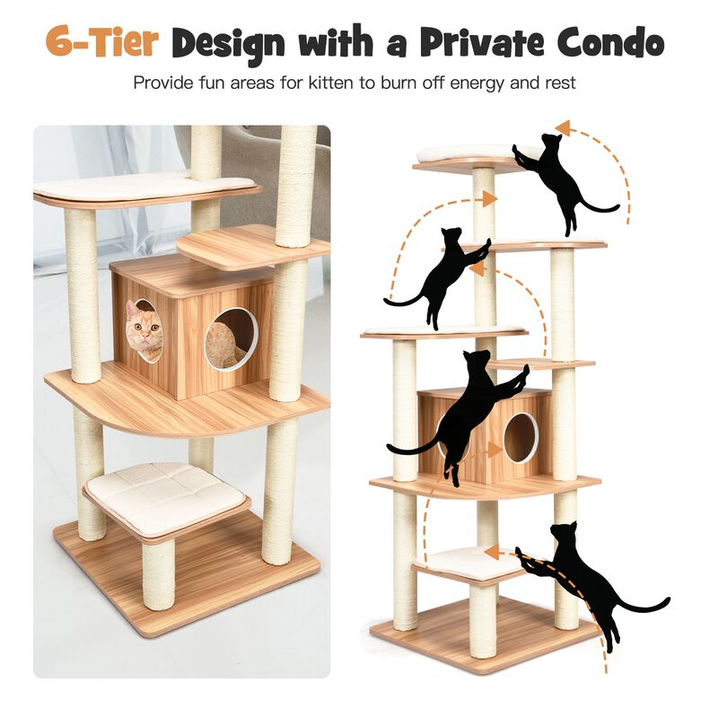 7-Layer Wooden Cat Tree Tall Cat Tower with Sisal Posts and Condo-Natural