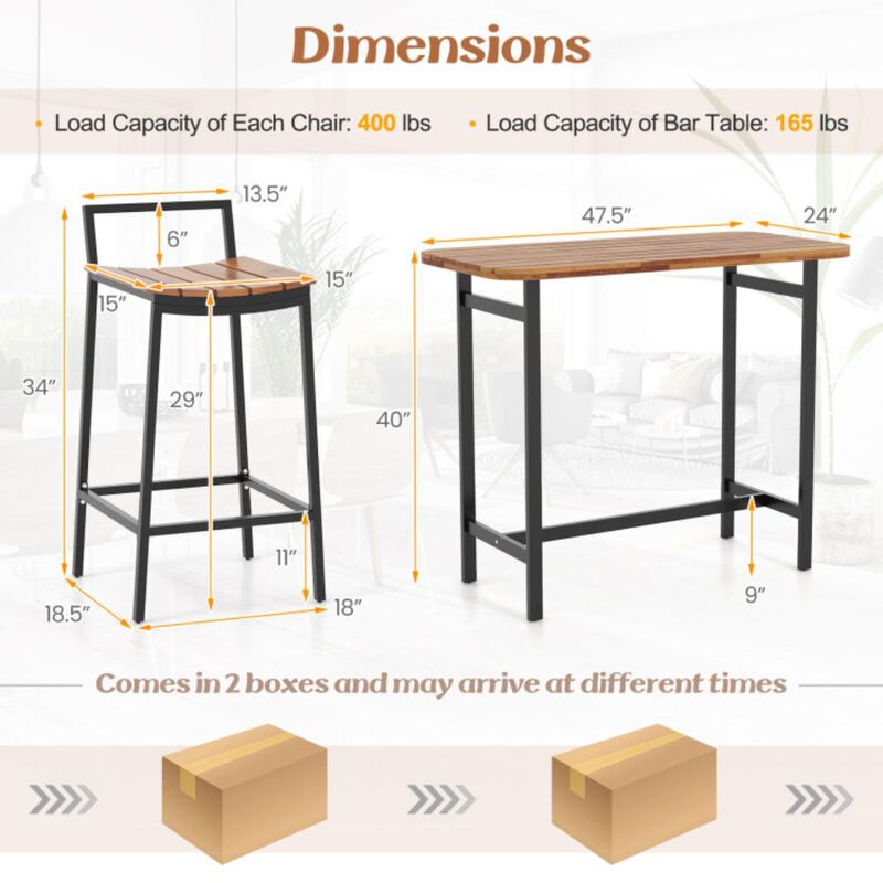 Hivvago 5 Piece Acacia Wood Bar Table Set Bar Height Table and Chairs with Metal Frame and Footrest