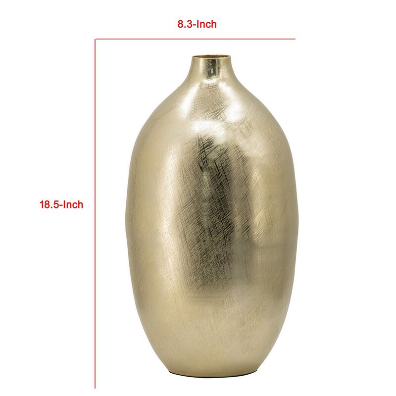 Pansy 19 Inch Modern Vase, Metal, Tall Curved Bottleneck Shape, Gold Finish - Benzara