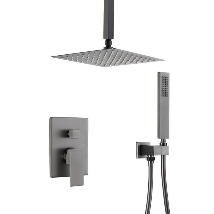 Mondawe All-In-One Kit Dark Grey 10 Inch Square Bathroom Shower Set with Rough in-Valve
