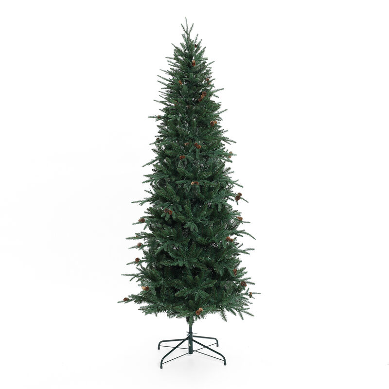 LuxenHome 7.5Ft Pre-Lit Green Slender Artificial Christmas Tree with Pine Cones