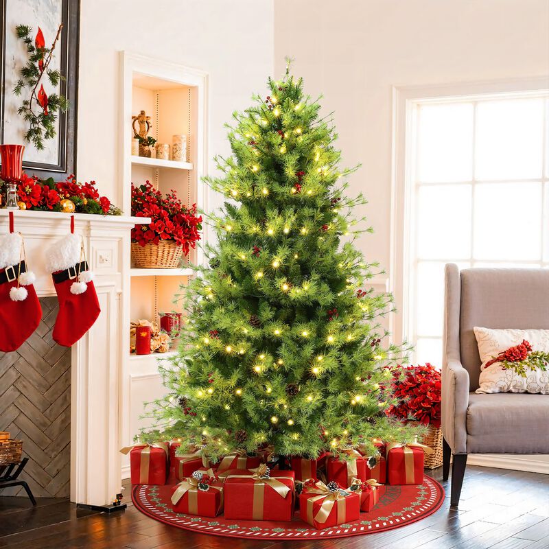 LuxenHome 6Ft Pre-Lit Green Full Artificial Pine Christmas Tree with 8 Light Functions