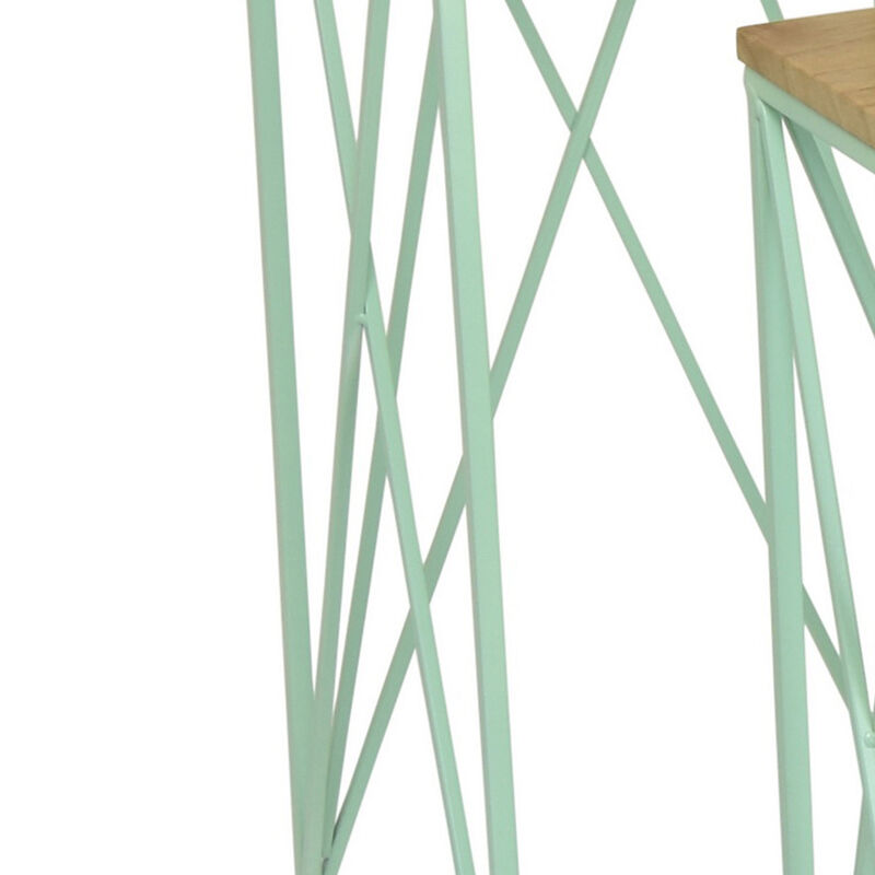 Mito 3pc Nesting Plant Stand Table, Brown Wood, X Cross Green Metal - Benzara