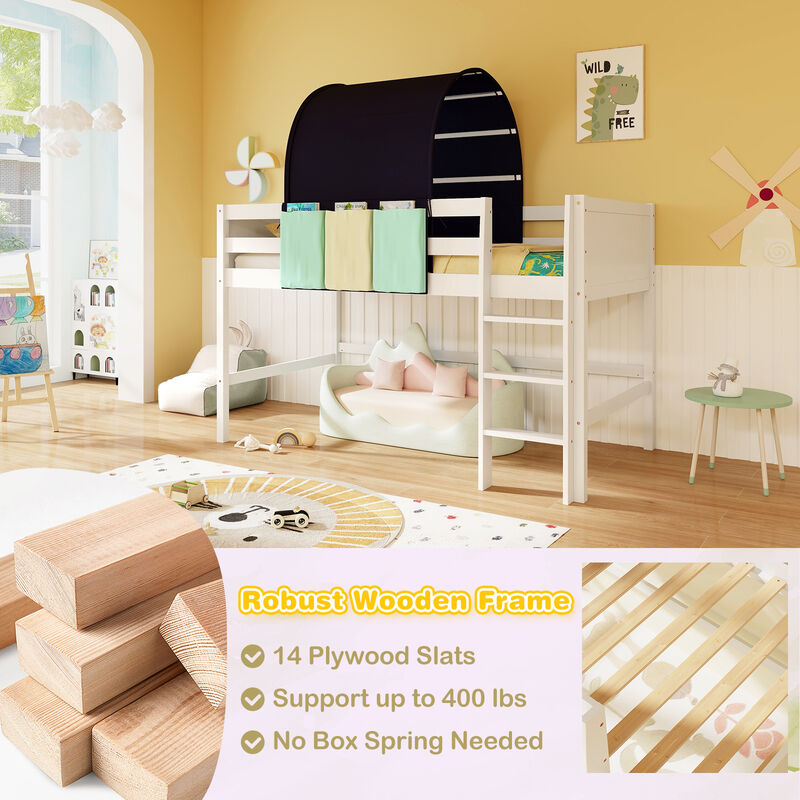 Loft Bed Playhouse Bed Frame with Tower Tent and 3 Storage Pockets