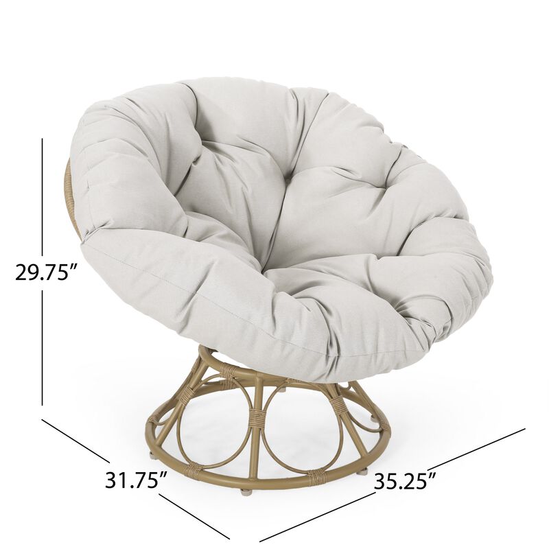 Leos Swivel Outdoor Chair, Soft Gray Polyester Cushion, Brown Rattan -Benzara
