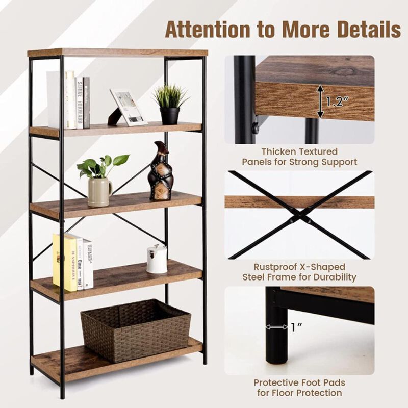 Hivvago 5-Tier Industrial Bookshelf Display Storage Rack with Metal Frame